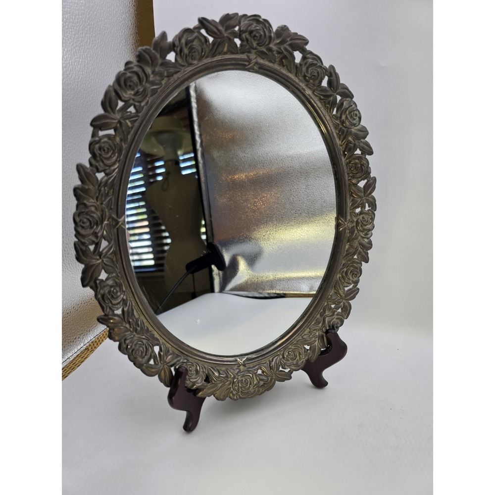 Vintage Oval Mirror Ornate‎ Rose Frame Bronze Gold Tone Vanity Decor 10"×12"